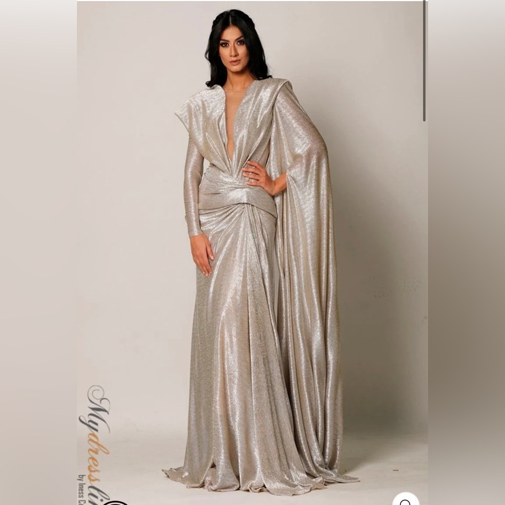 Long Sleeve metallic Gown with cape sleeve